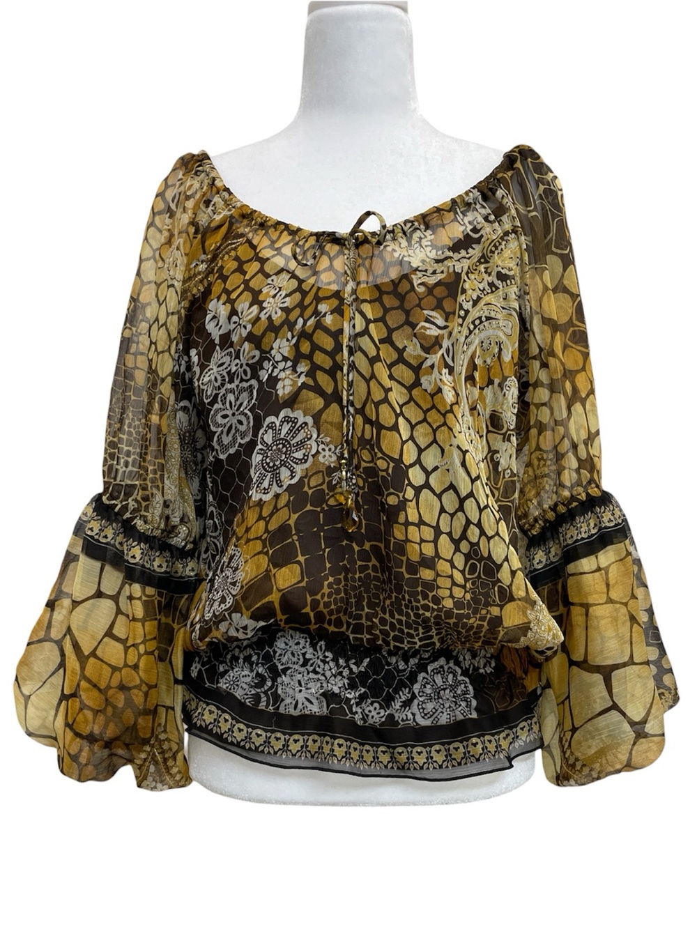 Bianca Nygard Brown/Tan Printed Floral Puff Sleeve Blouson Blouse